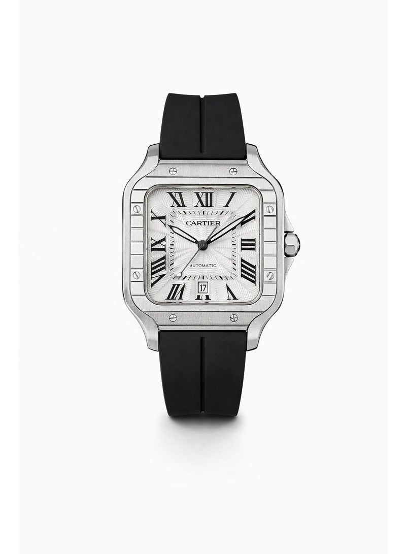 كارتييه ساعة يد رجالي فاخرة بتصميم مربع – قرص أبيض بأرقام رومانية مع سوار سيليكون أسود - Image 1